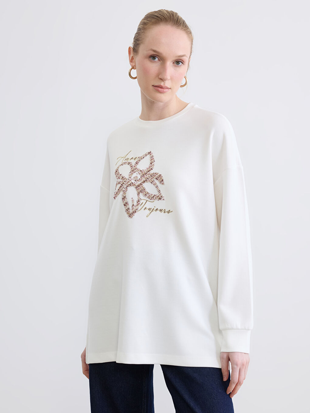 Ekru Baskılı Soft Touch Oversize Kadın Tunik