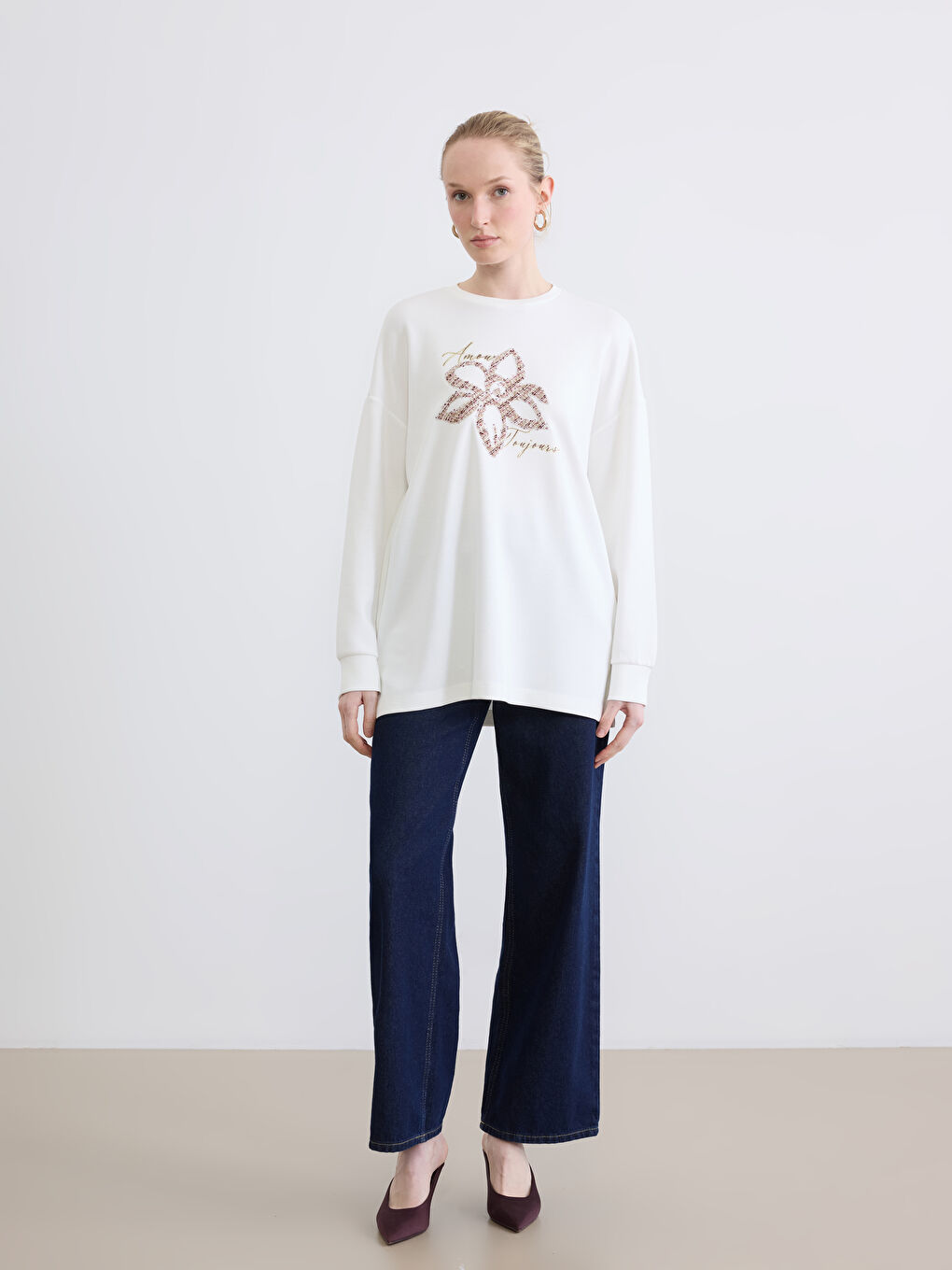 Ekru Baskılı Soft Touch Oversize Kadın Tunik-1