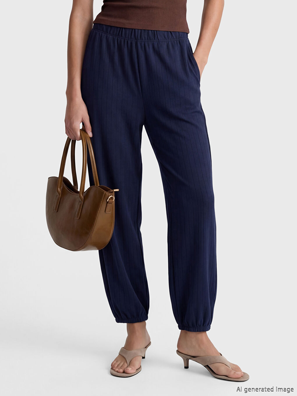 Lacivert Beli Lastikli Çizgili Kadın Jogger Pantolon-1