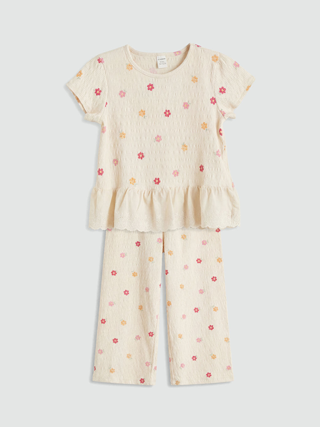 Ekru Çiçekli Kız Çocuk Tişört ve Pantolon