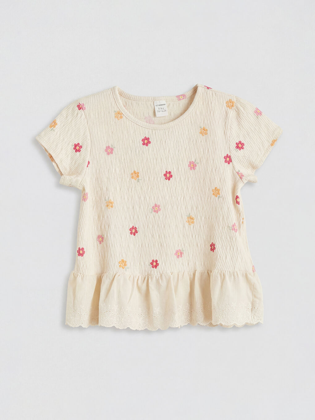 Ekru Çiçekli Kız Çocuk Tişört ve Pantolon-1