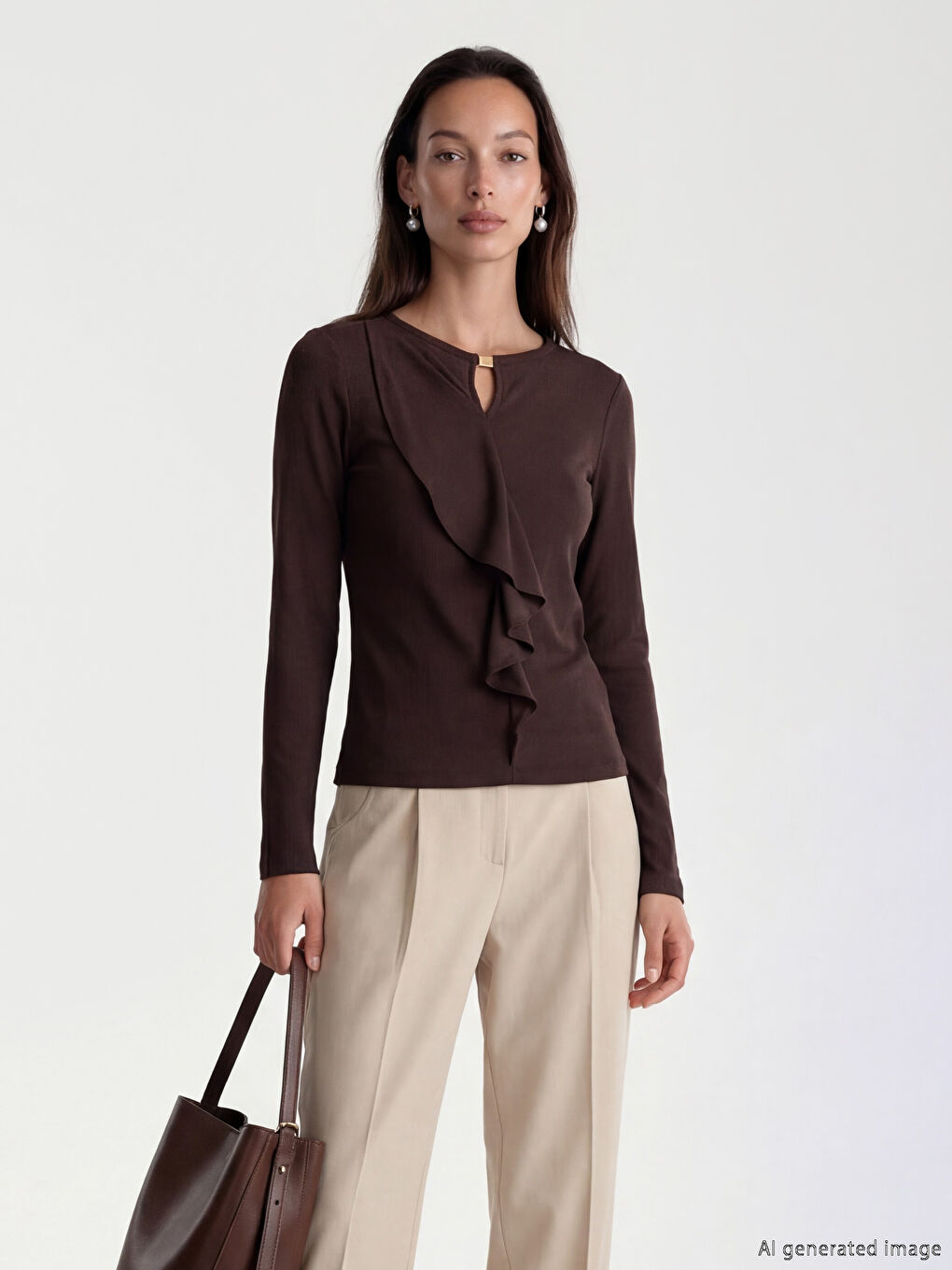 Kahverengi Bisiklet Yaka Fırfırlı Bluz