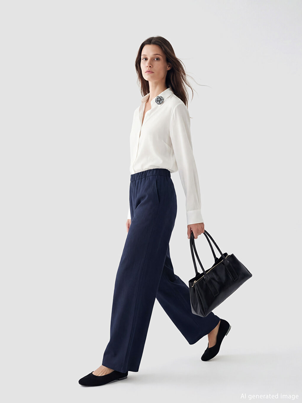 Lacivert Beli Lastikli Geniş Paça Kadın Pantolon