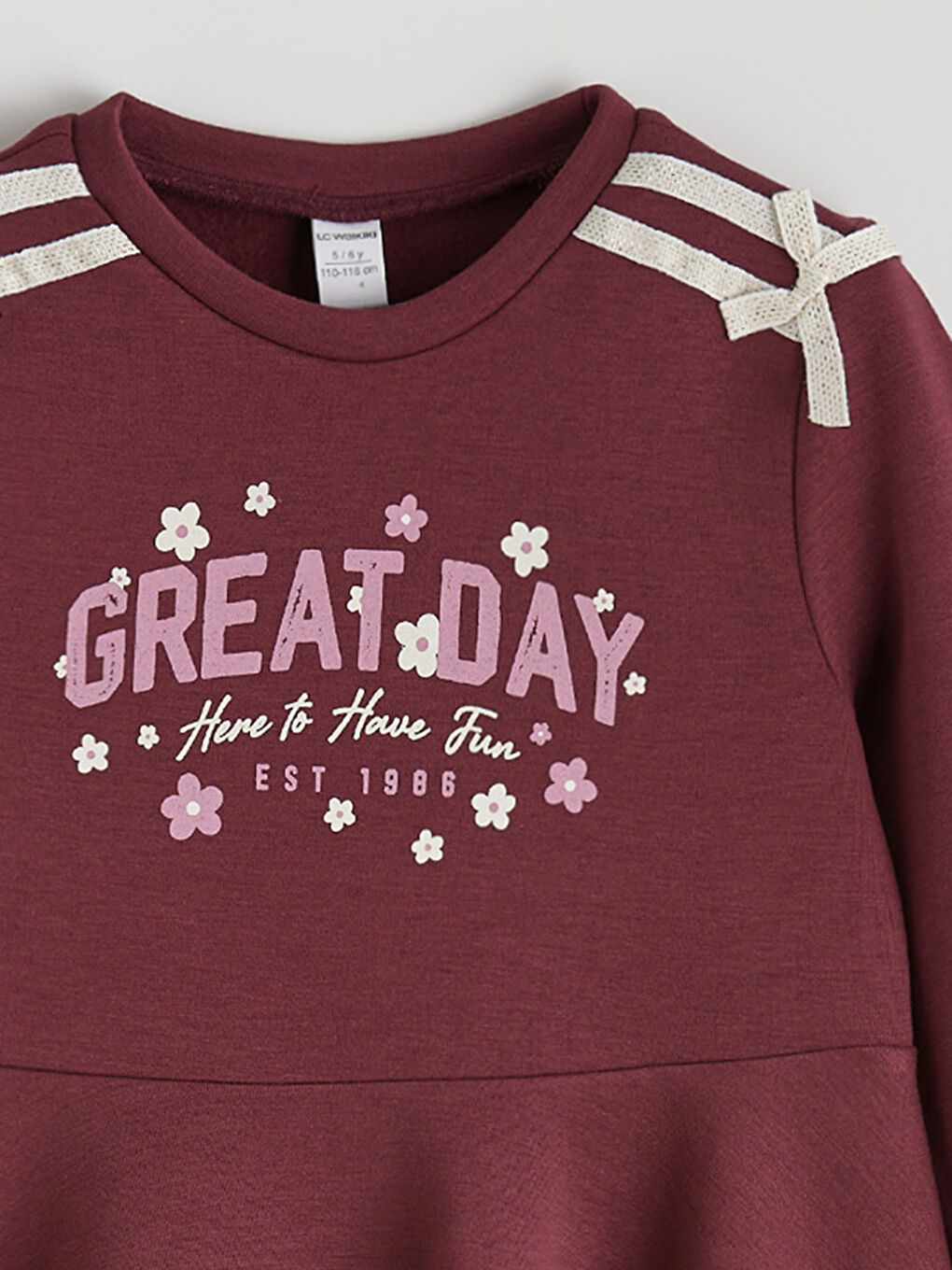 Bordo Bisiklet Yaka Baskılı Kız Çocuk Elbise-2