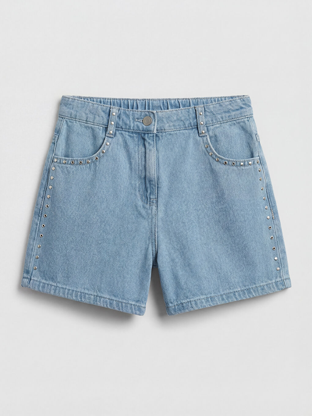 Mavi Beli Lastikli Zımba Detaylı Kız Çocuk Jean Şort