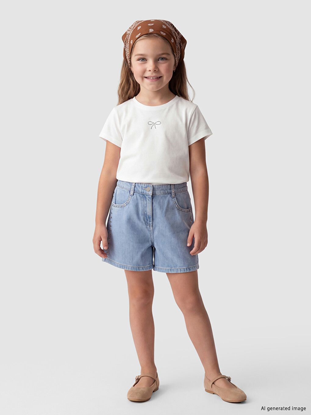 Elastic Waist Stud Detail Girls' Denim Shorts