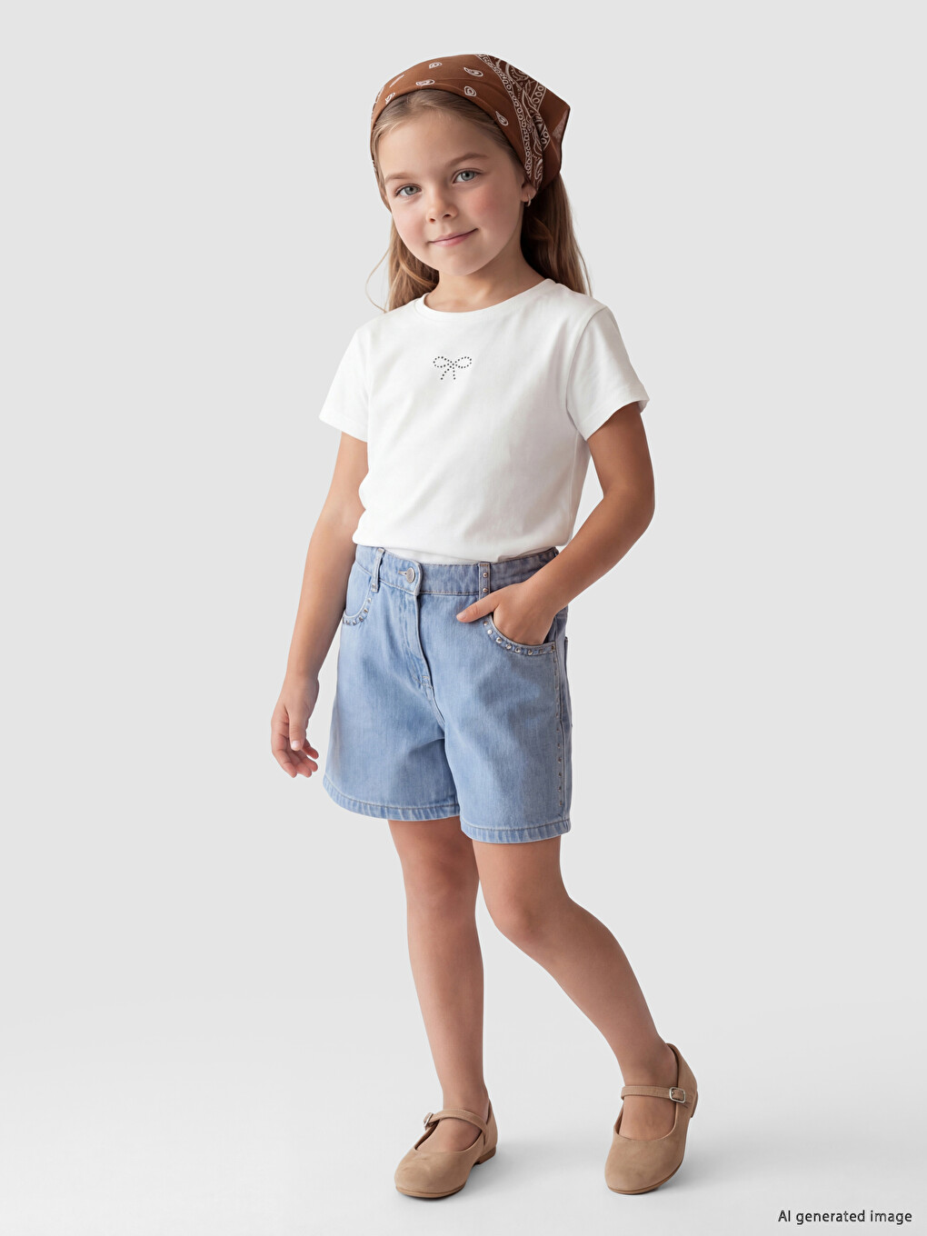 Elastic Waist Stud Detail Girls' Denim Shorts-1