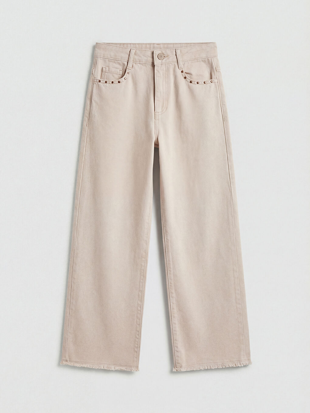 Bej Wideleg Zımba Detaylı Kız Çocuk Jean Pantolon