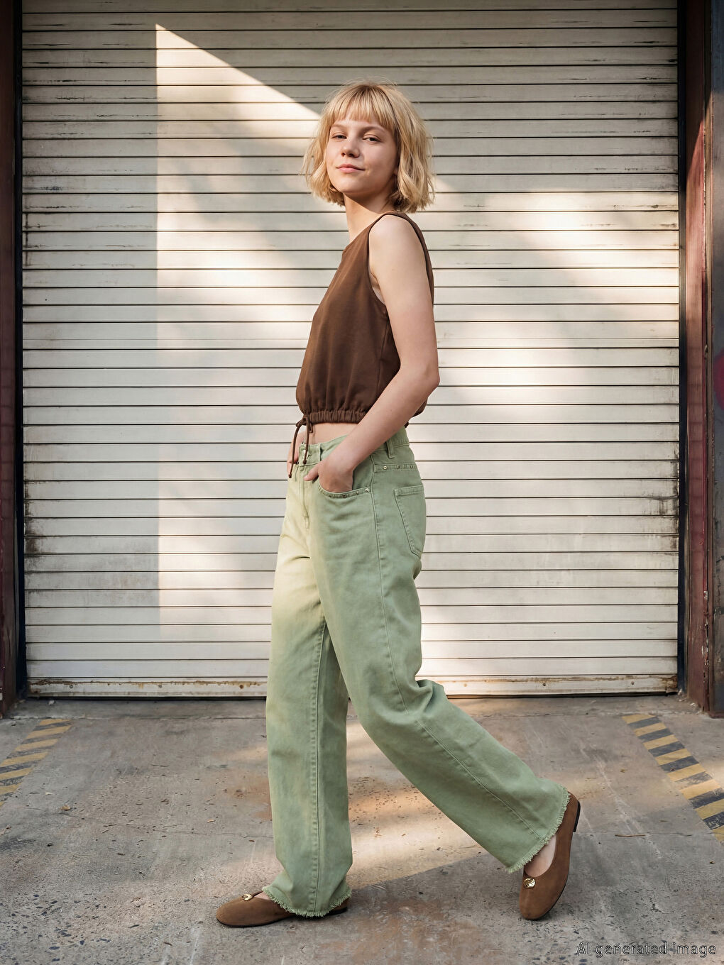 Haki Wideleg Zımba Detaylı Kız Çocuk Jean Pantolon