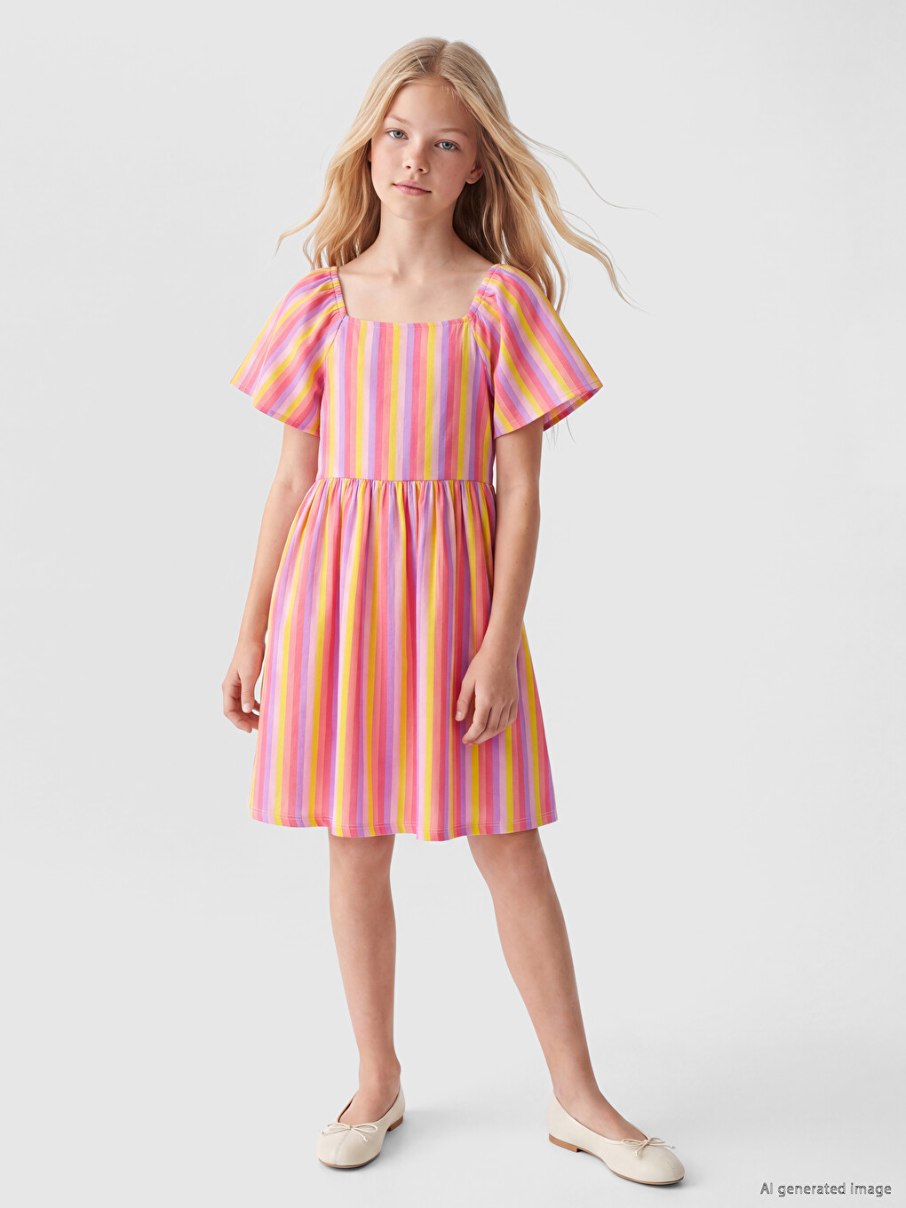 Robe Mousseline Rayée Col Carré Fille