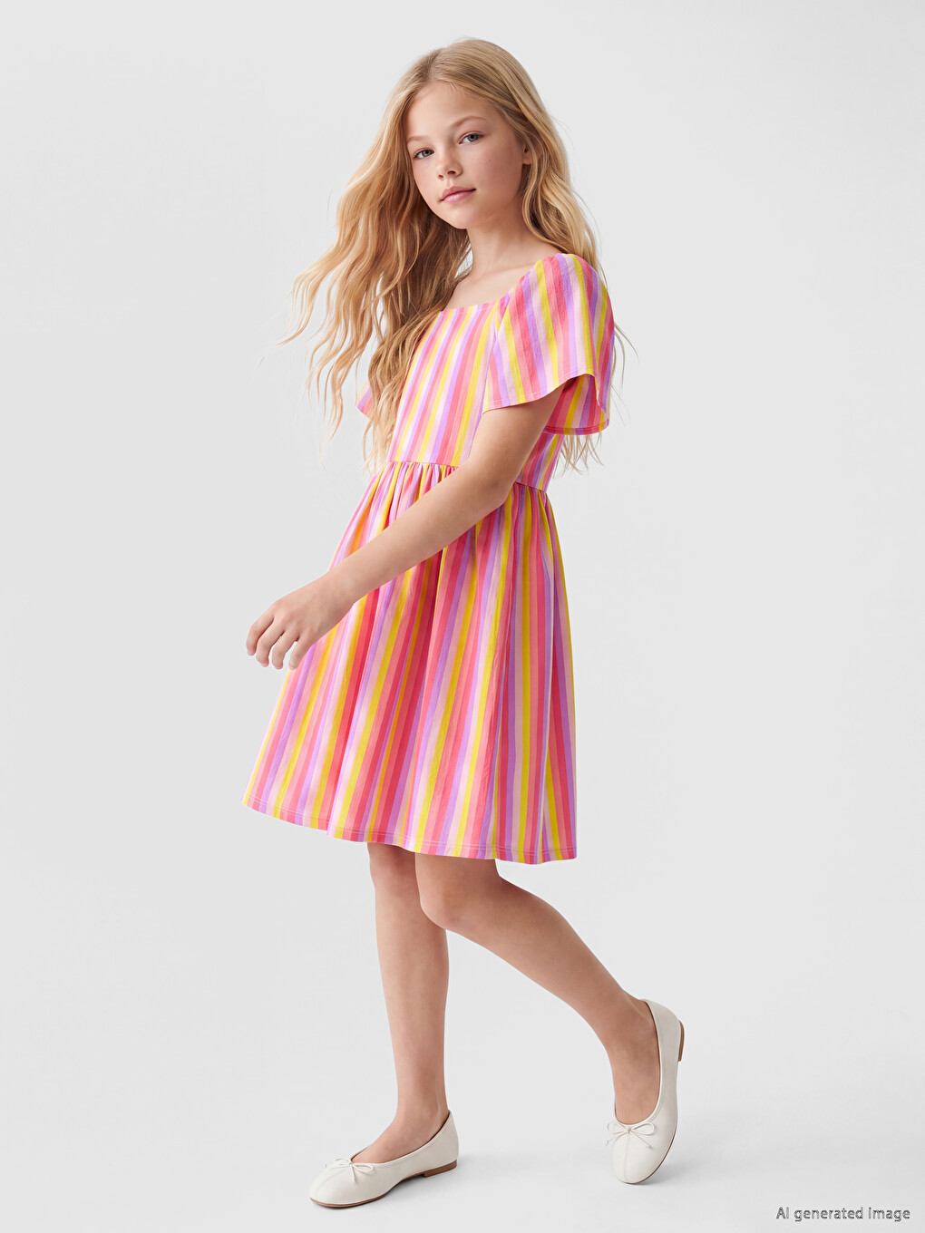 Robe Mousseline Rayée Col Carré Fille-1