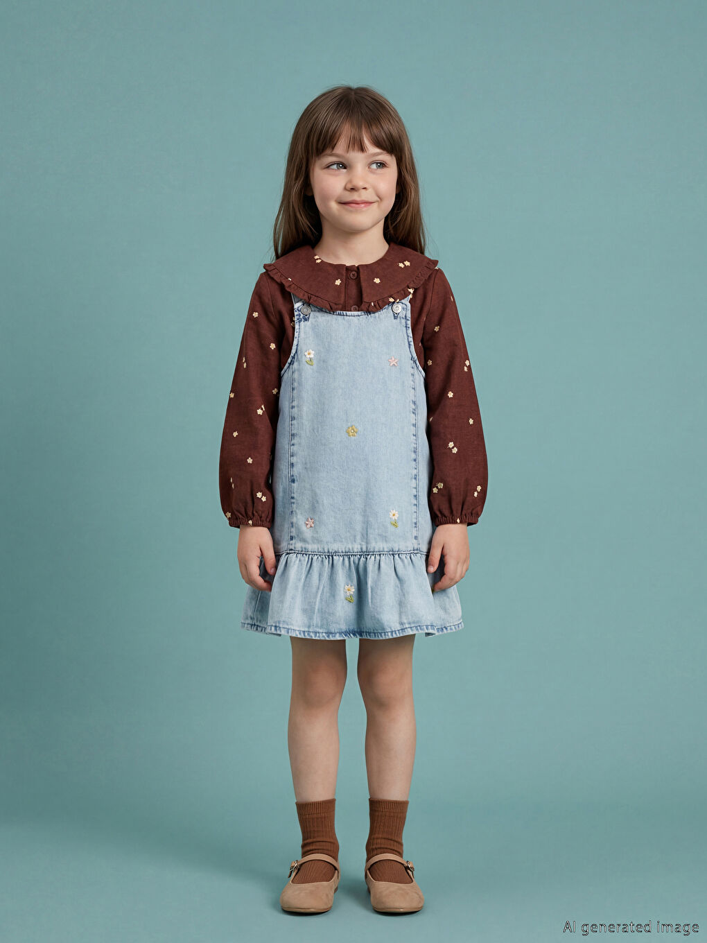 Square Neck Embroidered Girls' Denim Pinafore Dress