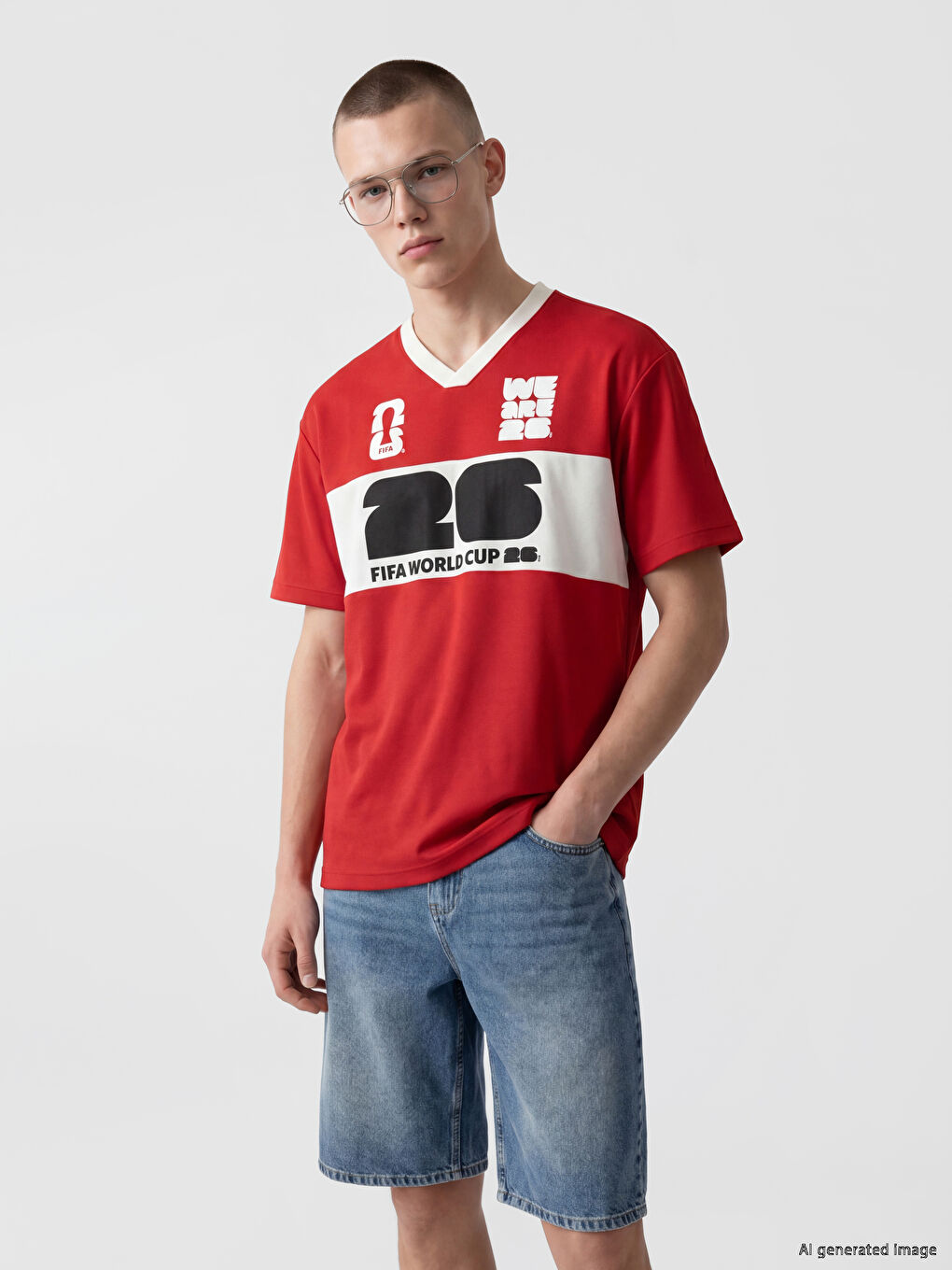 Kırmızı FIFA Baskılı Regular Fit V Yaka Erkek Tişört