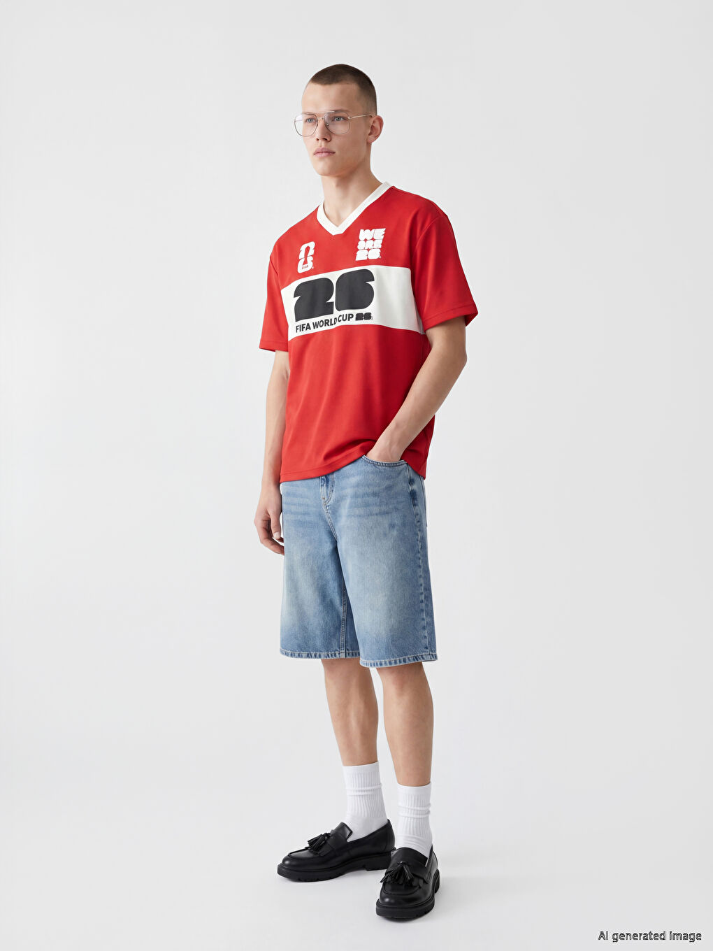 Kırmızı FIFA Baskılı Regular Fit V Yaka Erkek Tişört-1