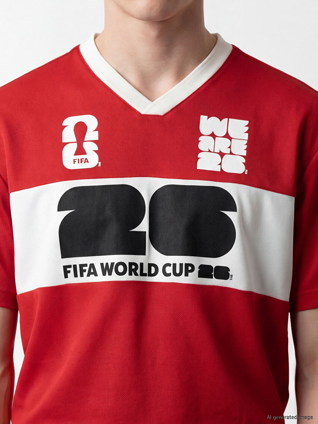 Kırmızı FIFA Baskılı Regular Fit V Yaka Erkek Tişört-2