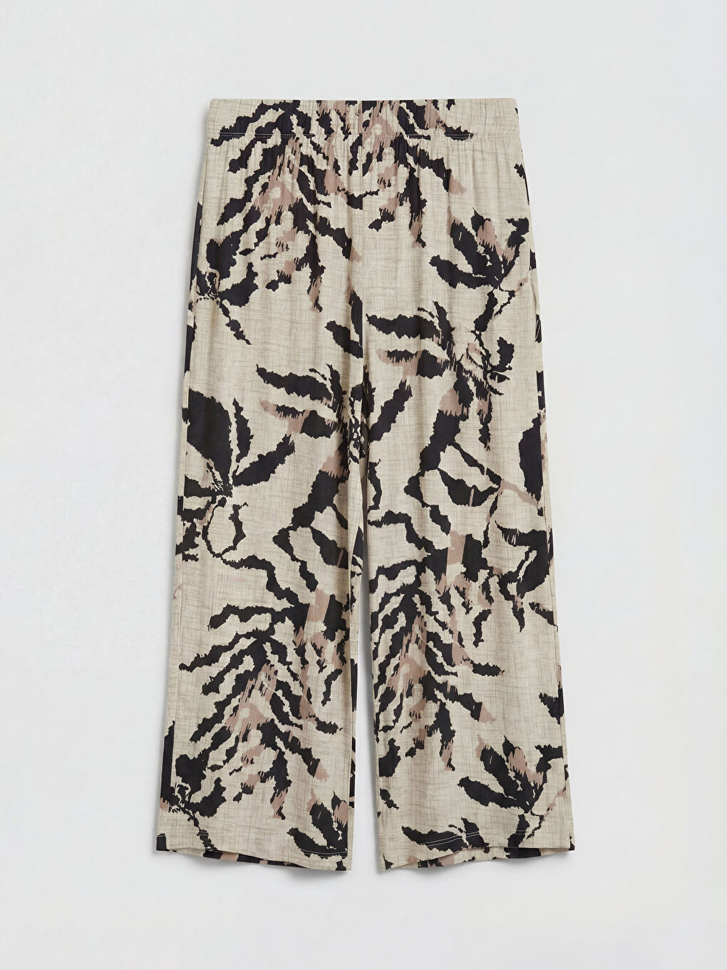 Bej Beli Lastikli Desenli Geniş Paça Kadın Kapri-1