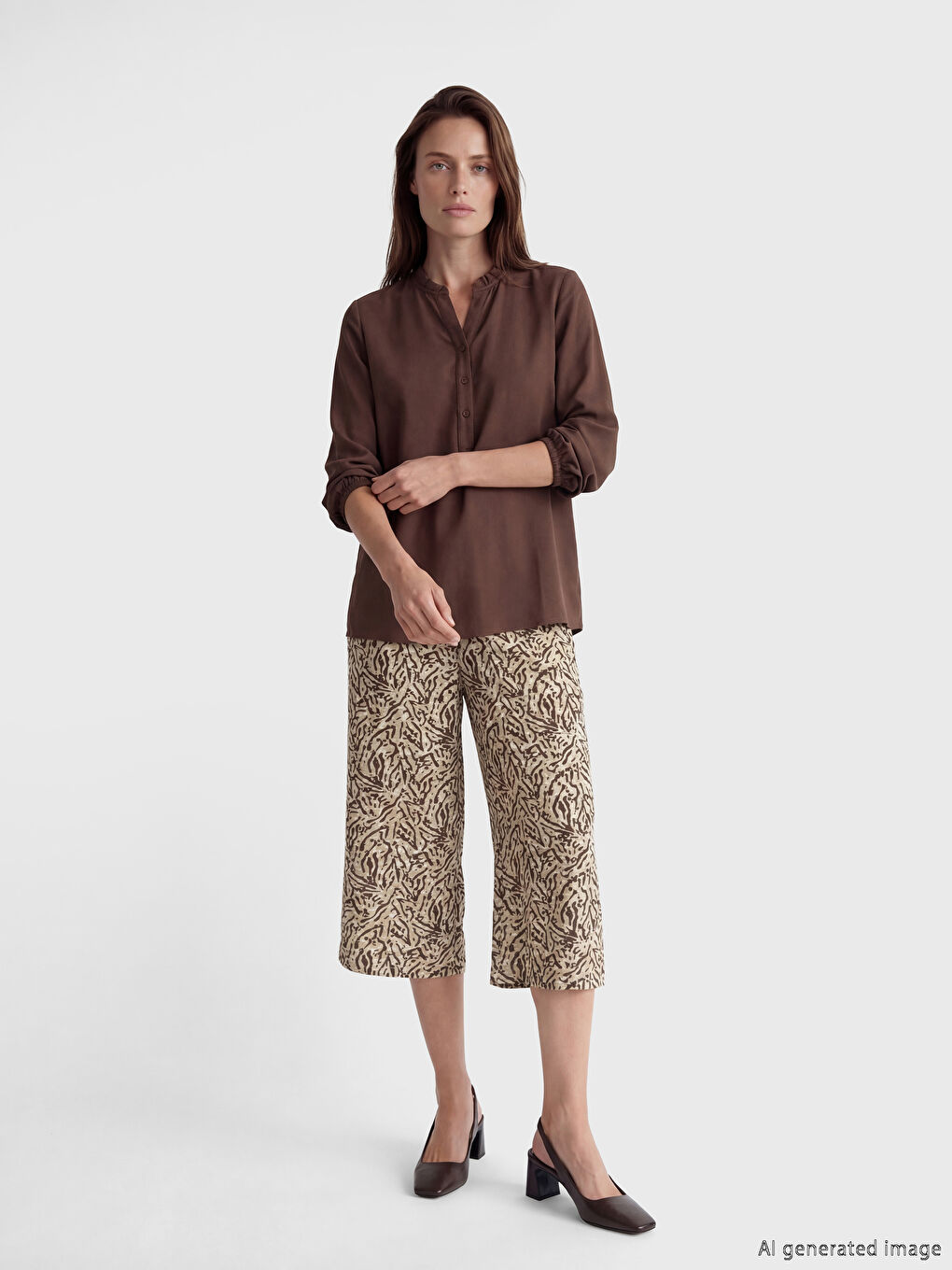 Bej Beli Lastikli Desenli Geniş Paça Kadın Kapri