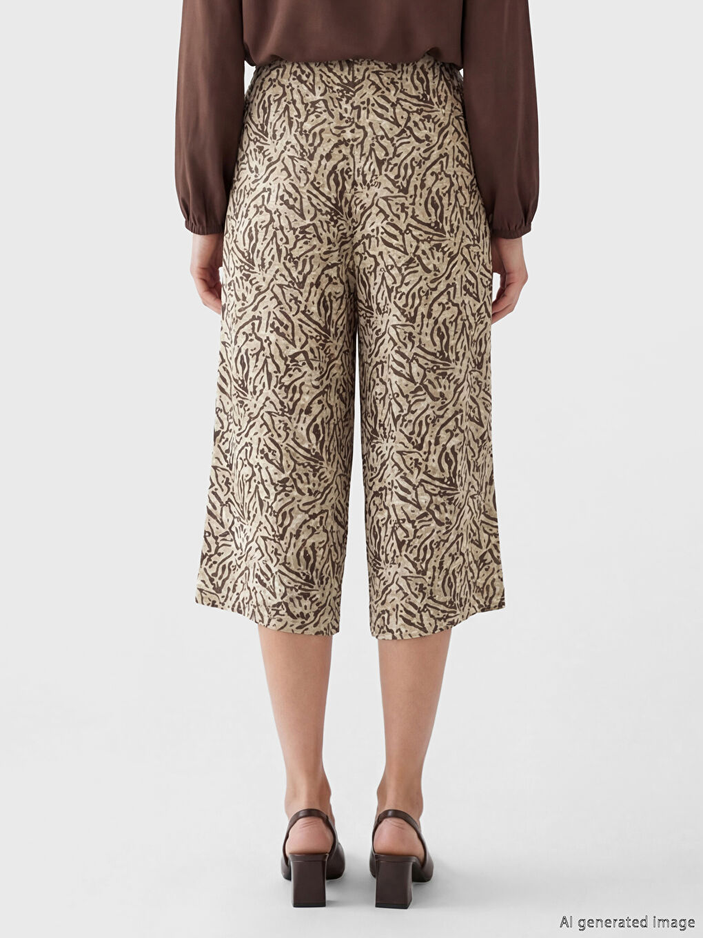Bej Beli Lastikli Desenli Geniş Paça Kadın Kapri-3