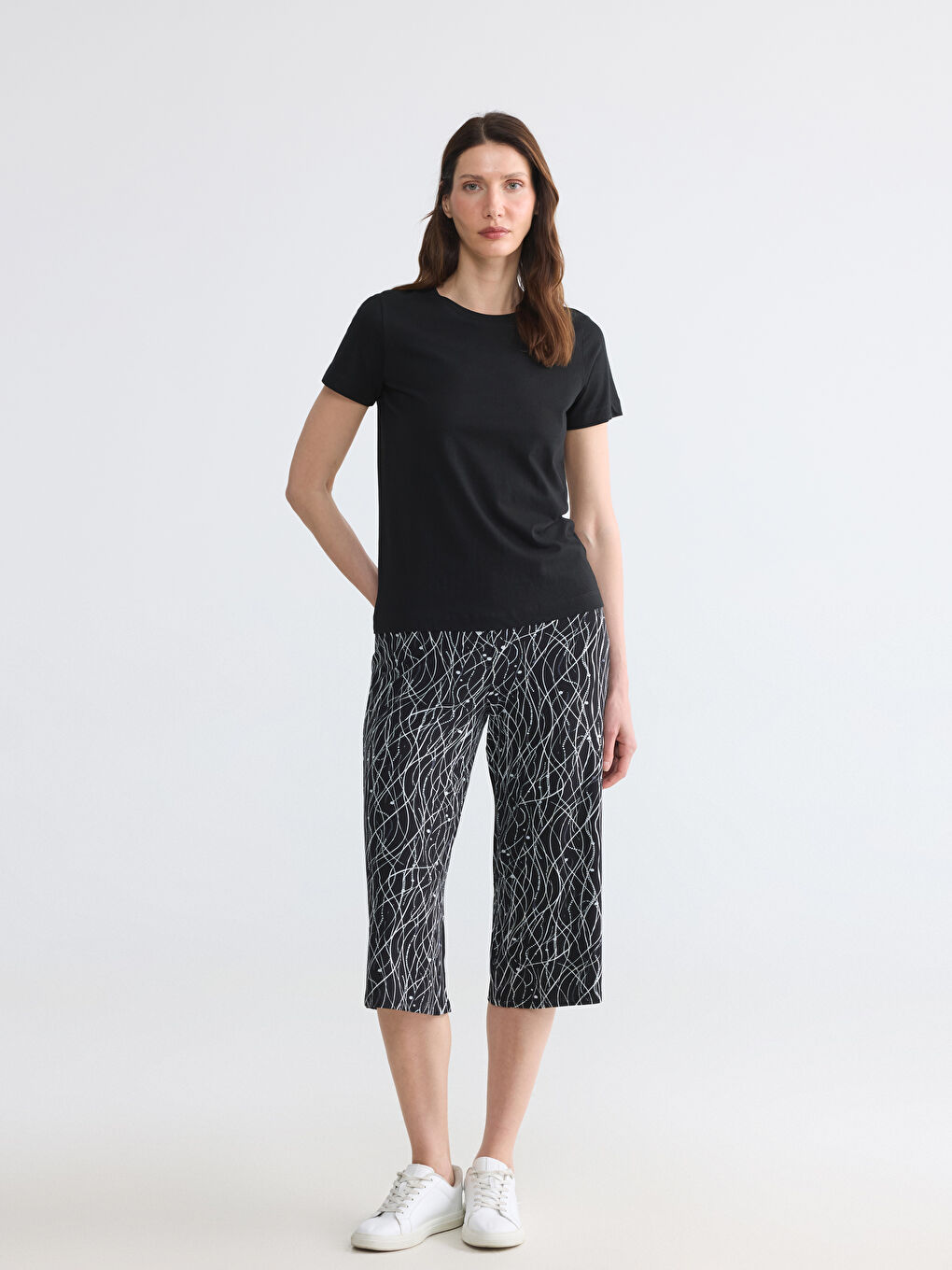 Elastic Waist Patterned Women's Capri