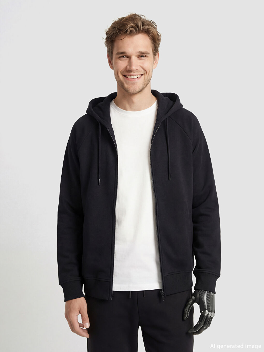 Siyah Kolay Giyilebilir Kolları Çıtçıtlı Erkek Fermuarlı Sweatshirt