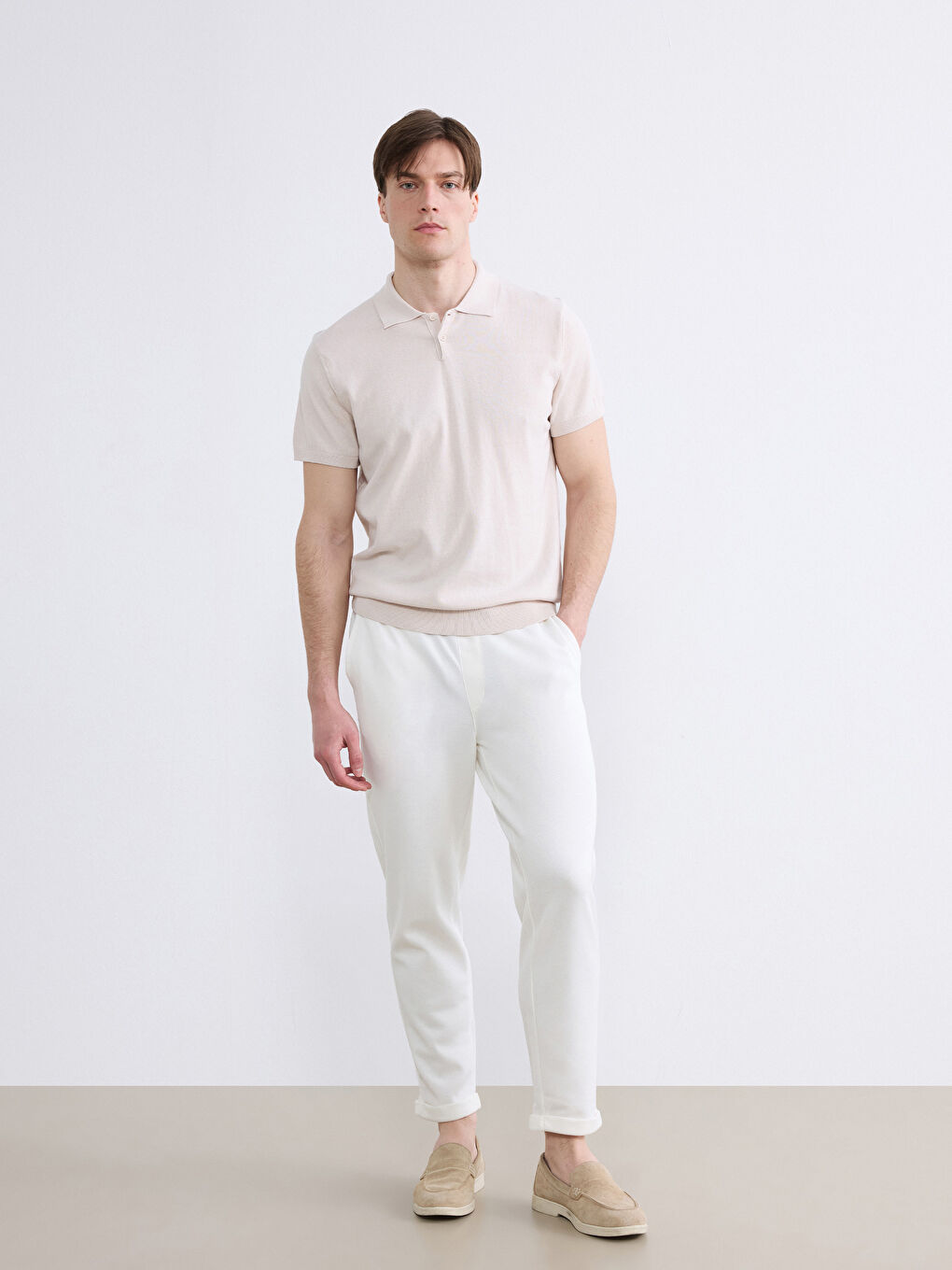 Bej Polo Yaka Erkek Triko Kazak-1