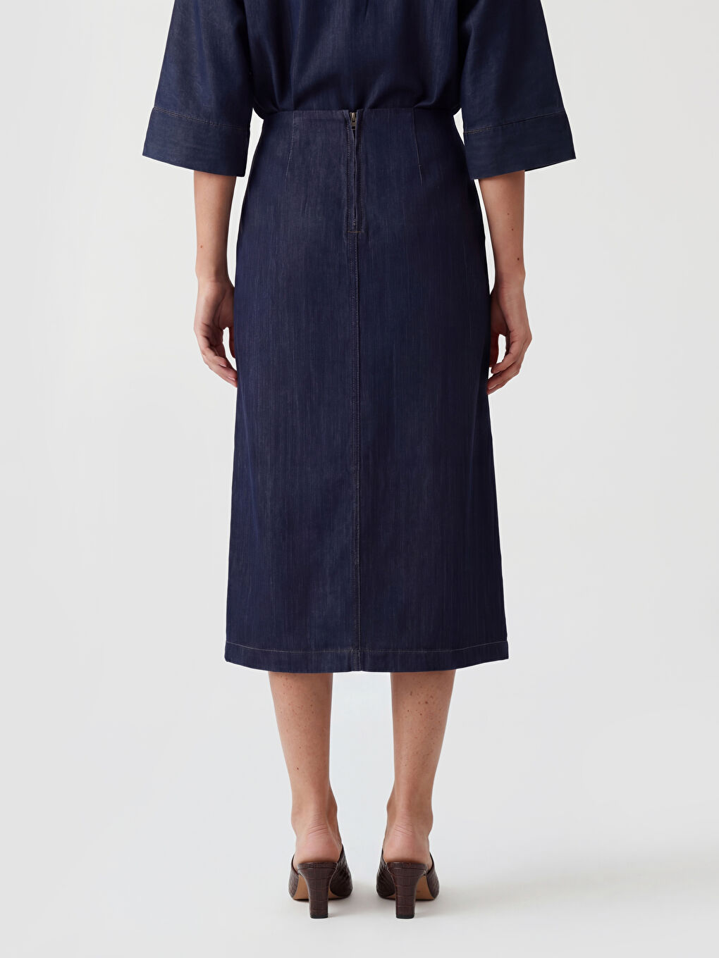 İndigo Beli Fermuarlı Pileli Jean Etek