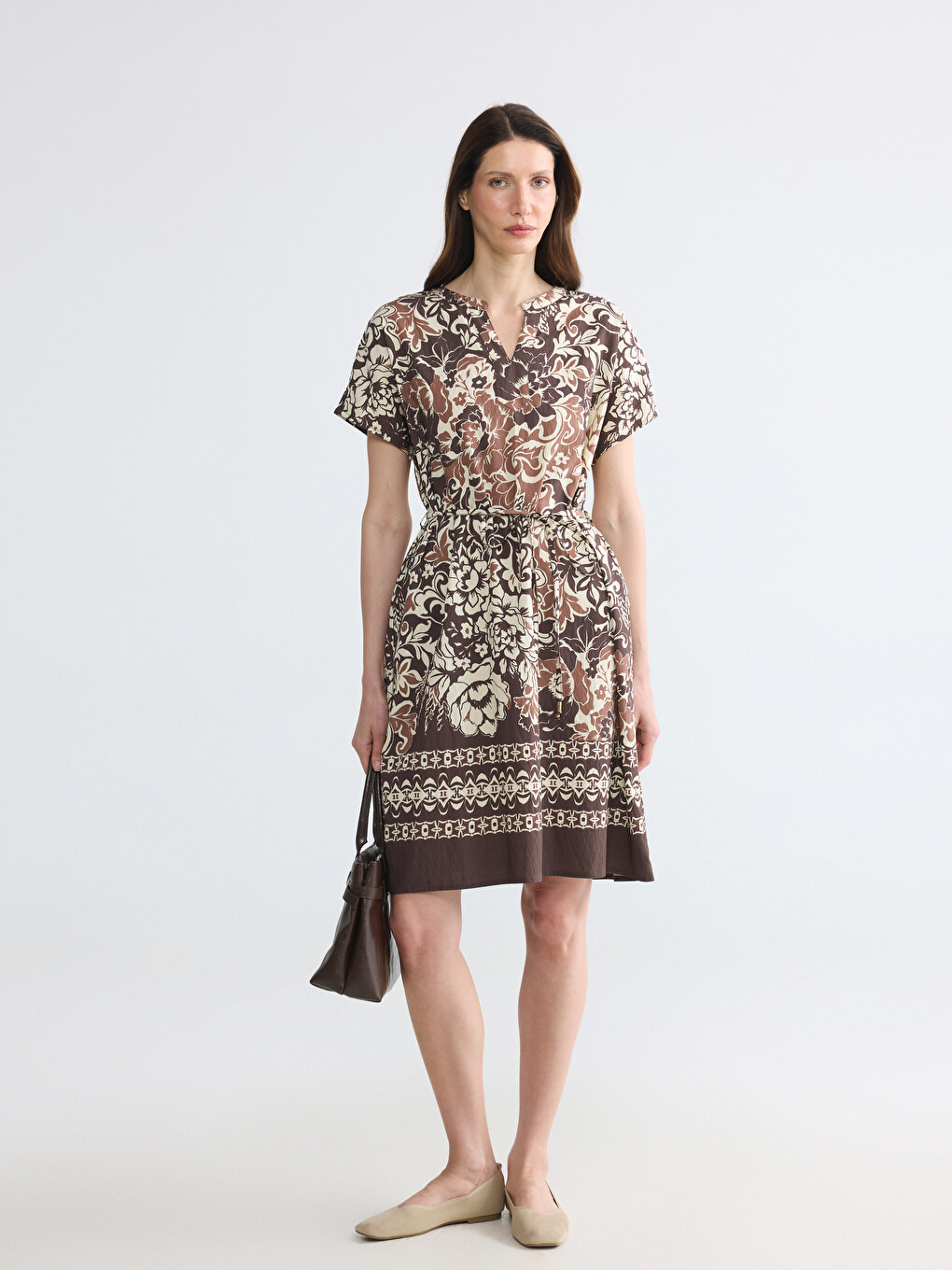 Rochie din poplin cu model și decolteu în V-1