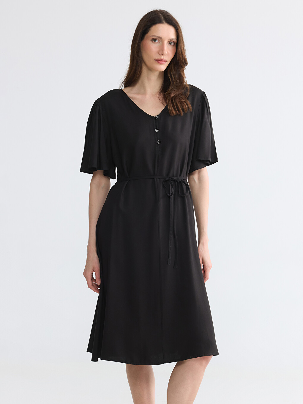 V Neck Waist Sashed Dress-1