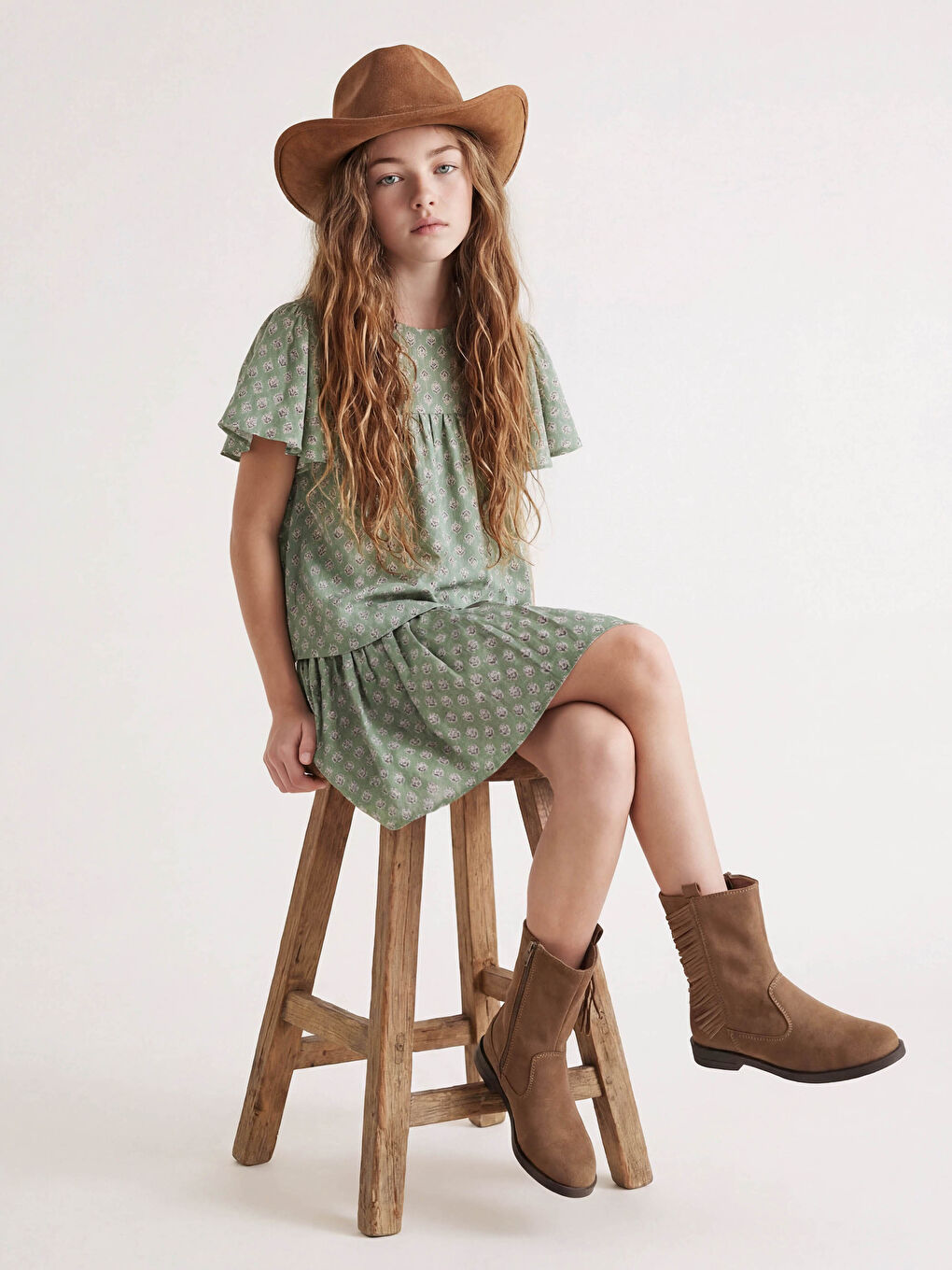 Yeşil Pileli Desenli Kız Çocuk Etek