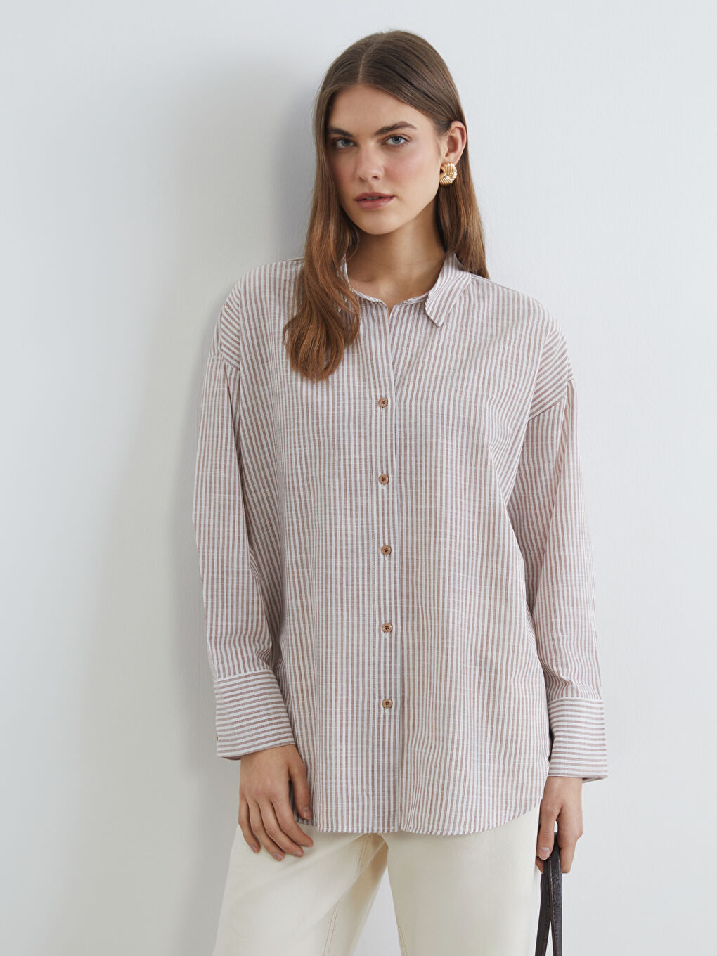 Kahverengi Çizgili Oversize Kadın Gömlek Tunik