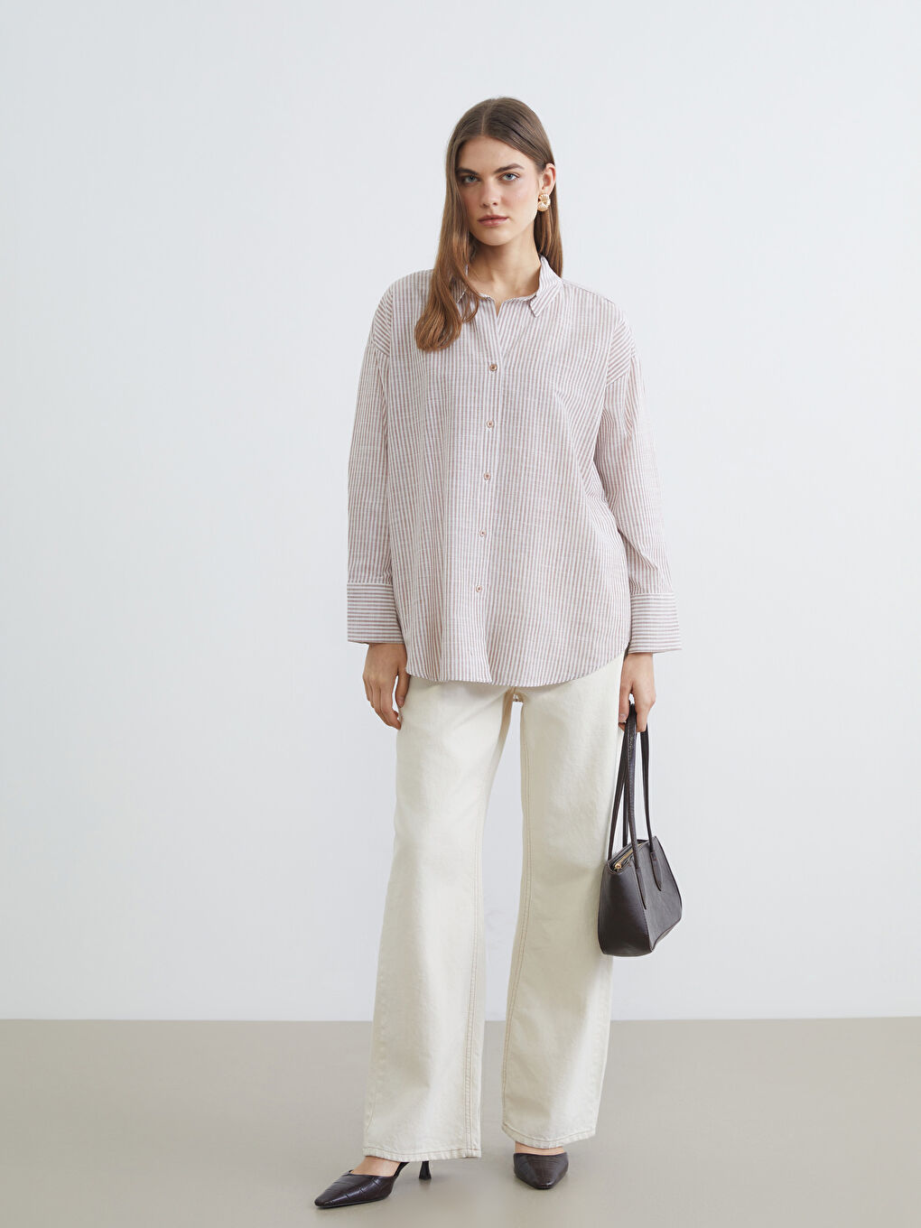 Kahverengi Çizgili Oversize Kadın Gömlek Tunik-1