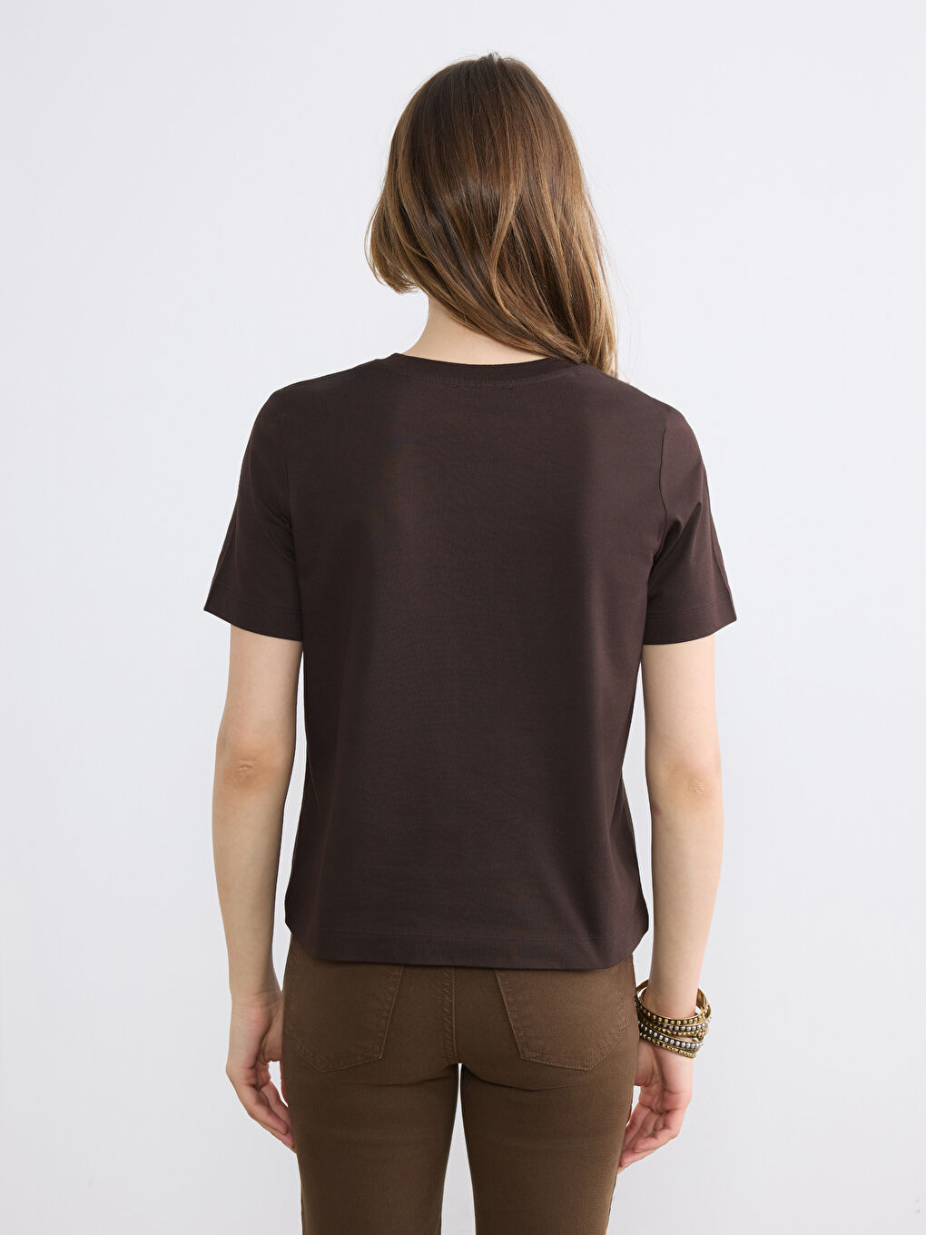 Kahverengi Bisiklet Yaka Paris Baskılı Kadın Tişört-3