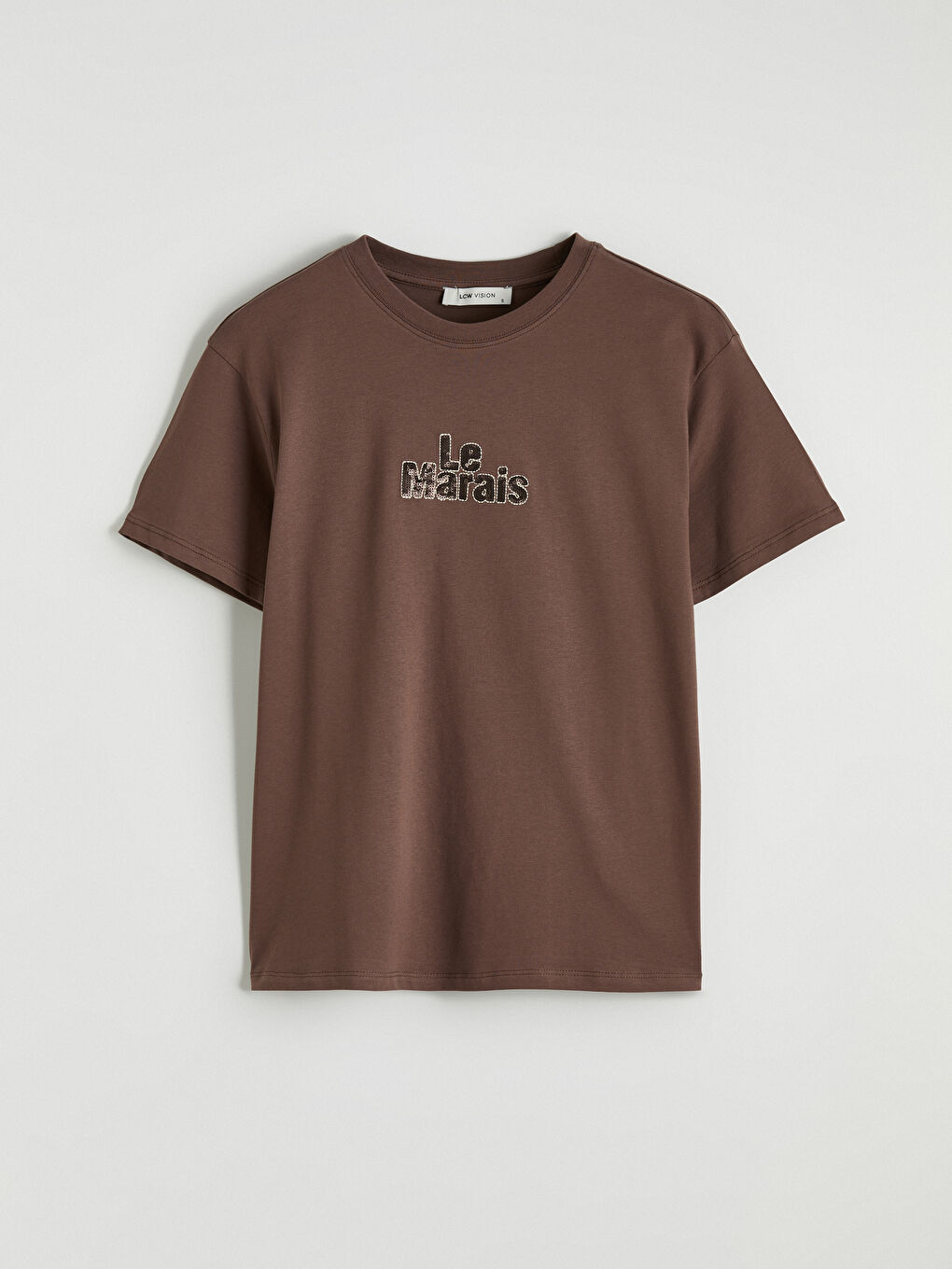 Kahverengi Bisiklet Yaka Pul Payet İşlemeli Kadın Tişört