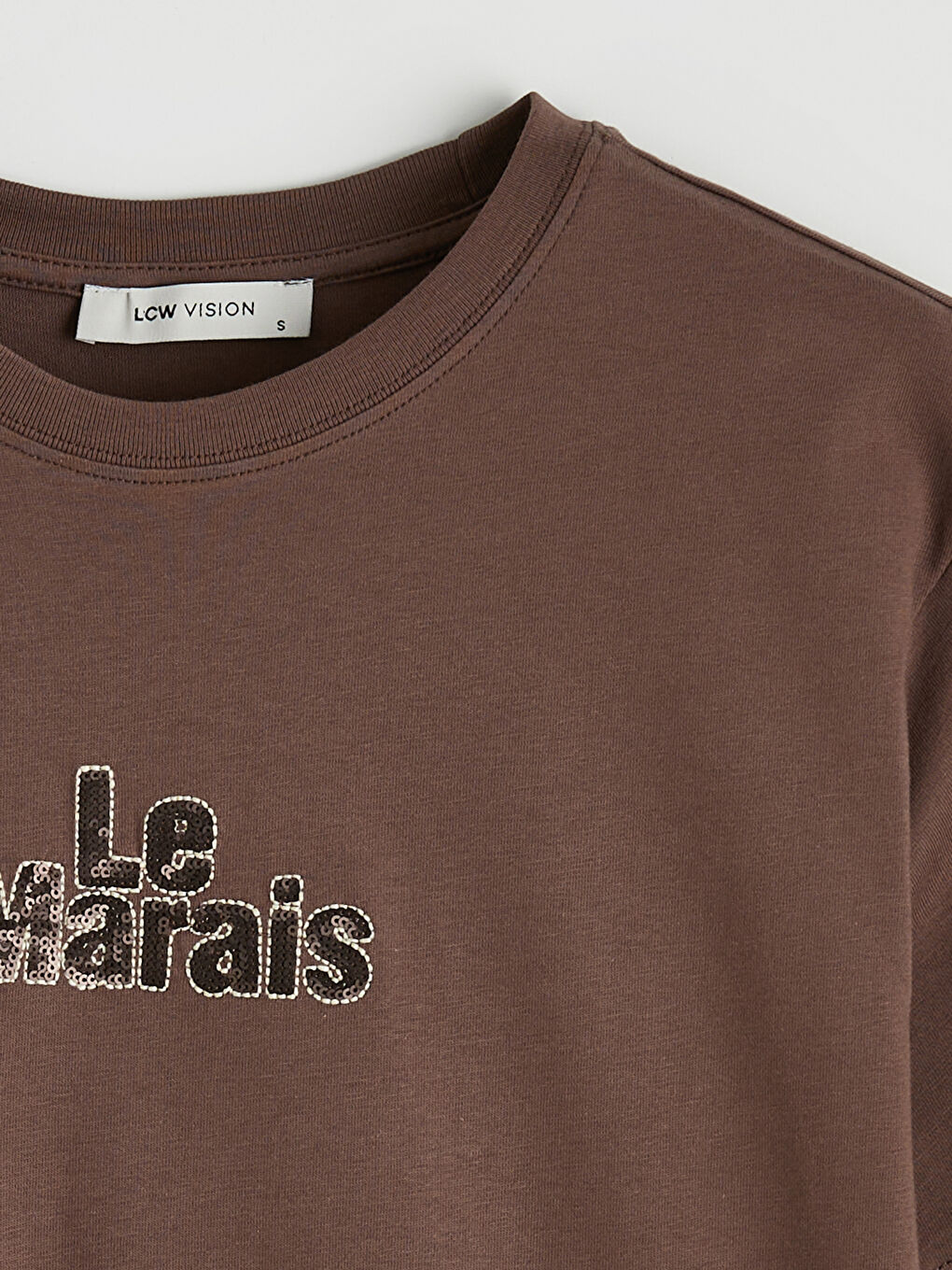 Kahverengi Bisiklet Yaka Pul Payet İşlemeli Kadın Tişört-1