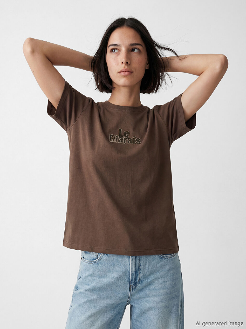 Kahverengi Bisiklet Yaka Pul Payet İşlemeli Kadın Tişört