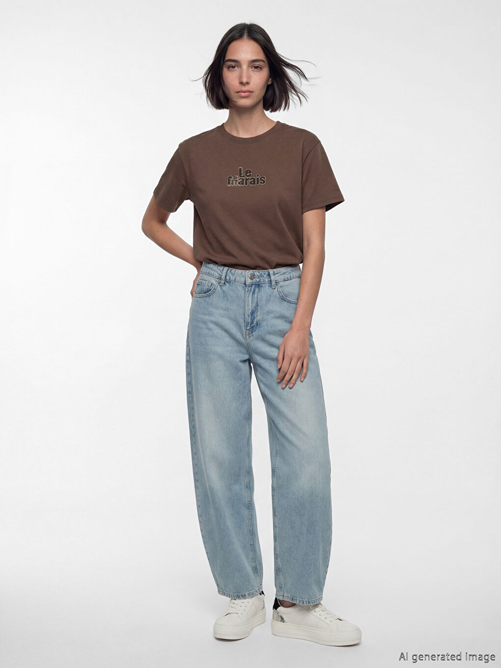 Kahverengi Bisiklet Yaka Pul Payet İşlemeli Kadın Tişört-1