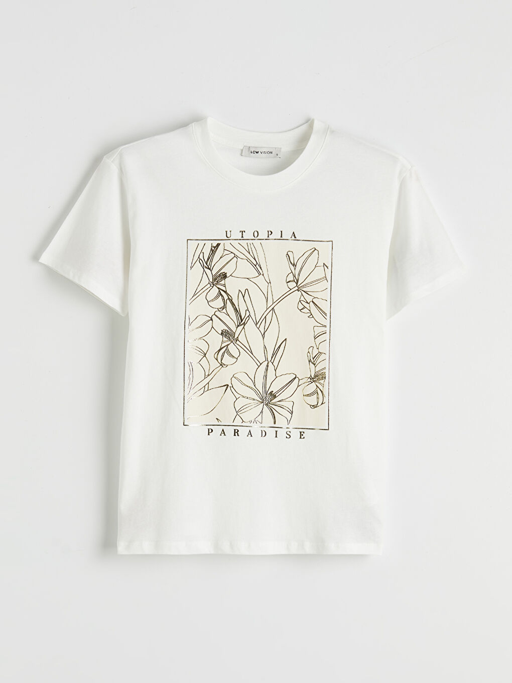 Ekru Bisiklet Yaka Baskılı Kadın Tişört