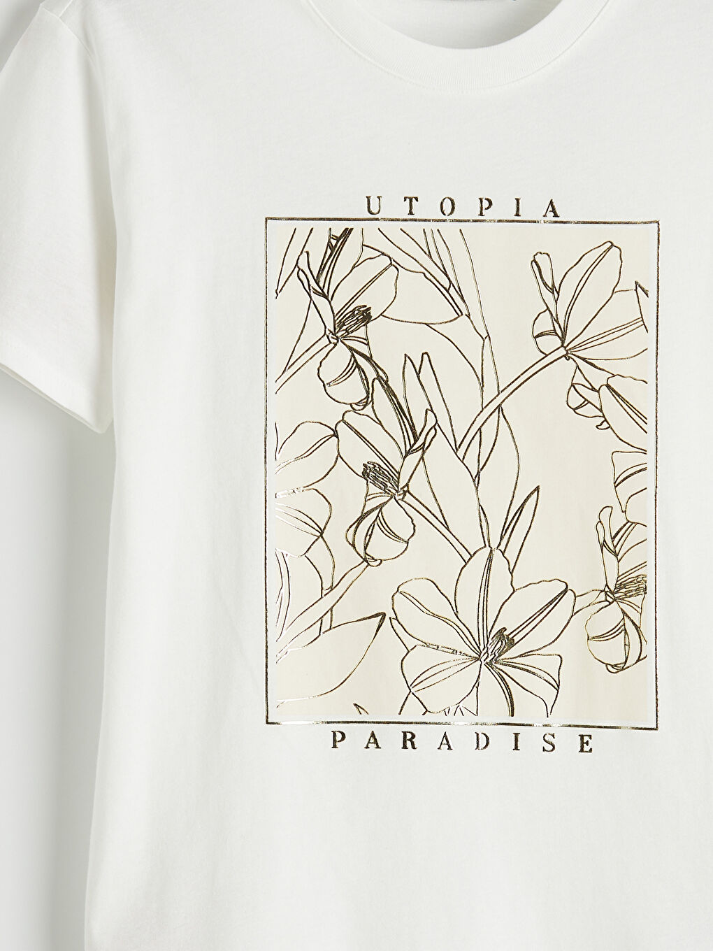 Ekru Bisiklet Yaka Baskılı Kadın Tişört-2