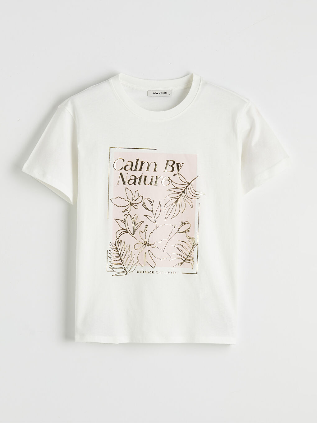 Ekru Bisiklet Yaka Baskılı Kadın Tişört-3