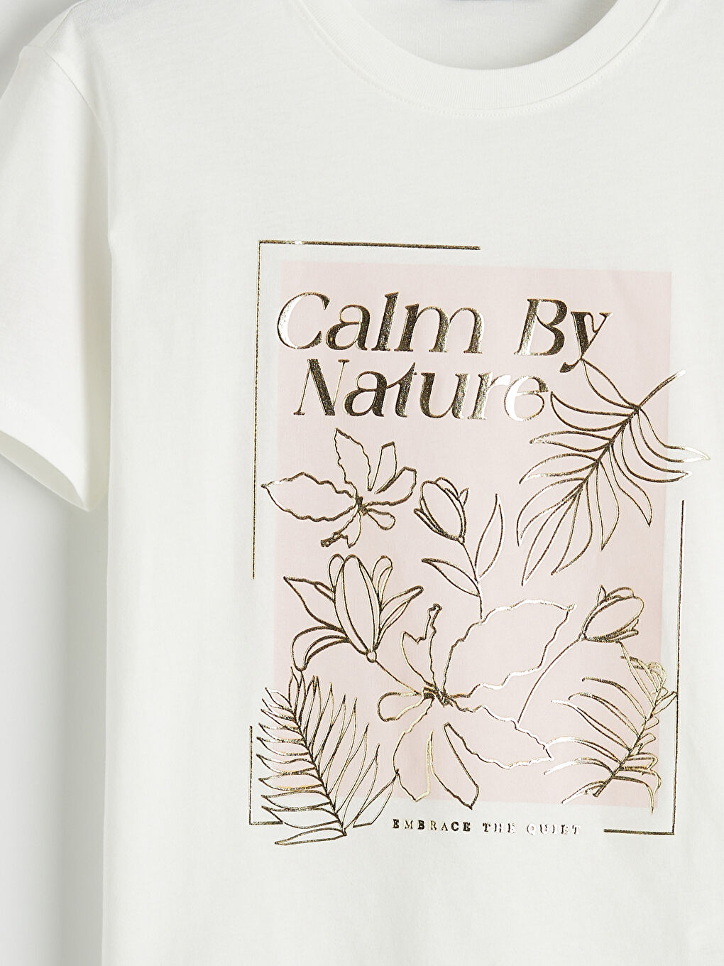 Ekru Bisiklet Yaka Baskılı Kadın Tişört-5