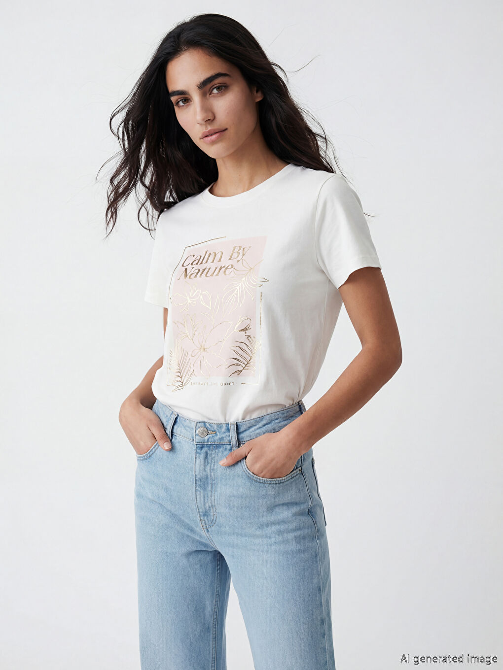 Ekru Bisiklet Yaka Baskılı Kadın Tişört