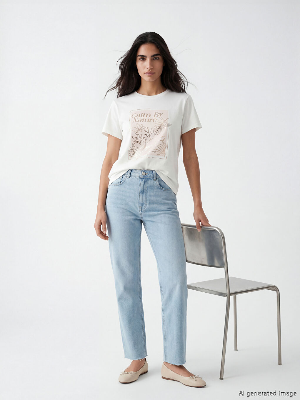 Ekru Bisiklet Yaka Baskılı Kadın Tişört-1