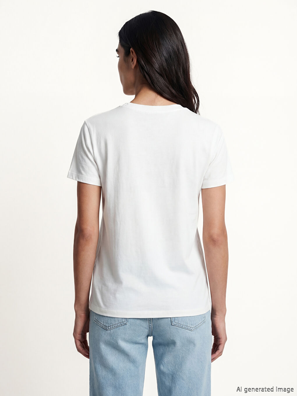 Ekru Bisiklet Yaka Baskılı Kadın Tişört-2