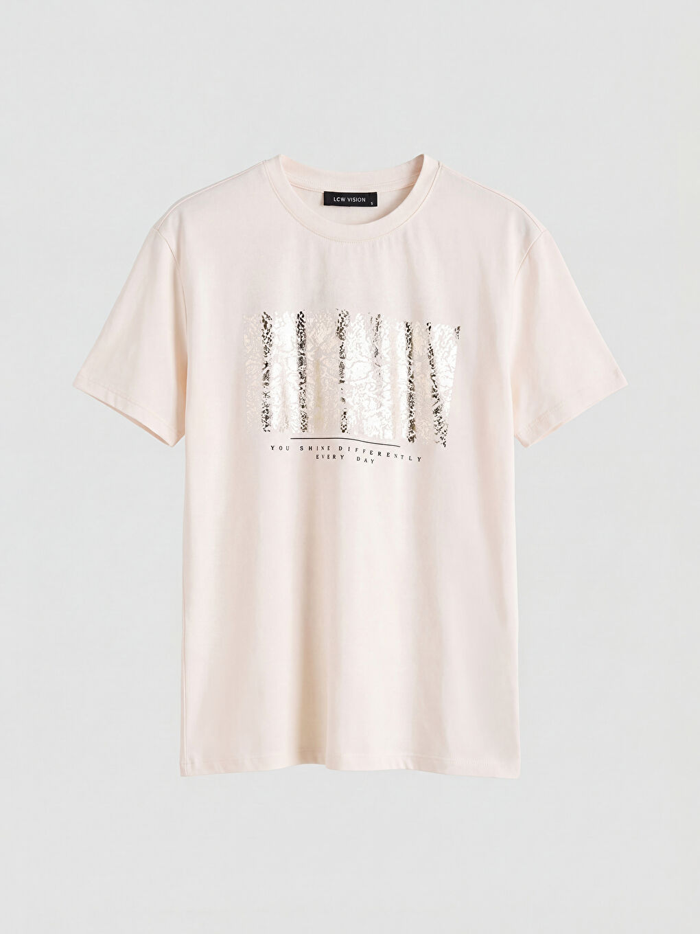 Ekru Bisiklet Yaka Baskılı Kadın Tişört