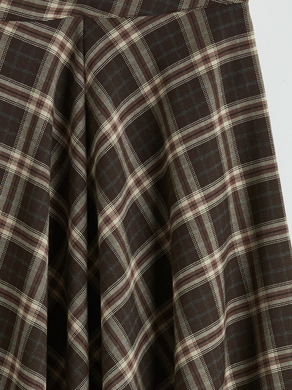 Kahverengi Beli Fermuarlı Ekose Kloş Etek-1