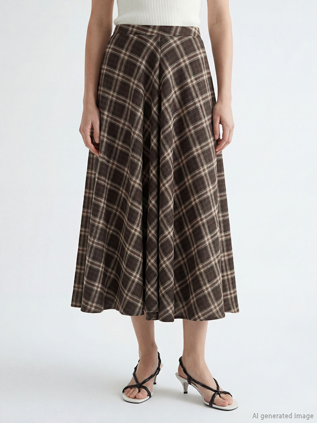 Kahverengi Beli Fermuarlı Ekose Kloş Etek-1