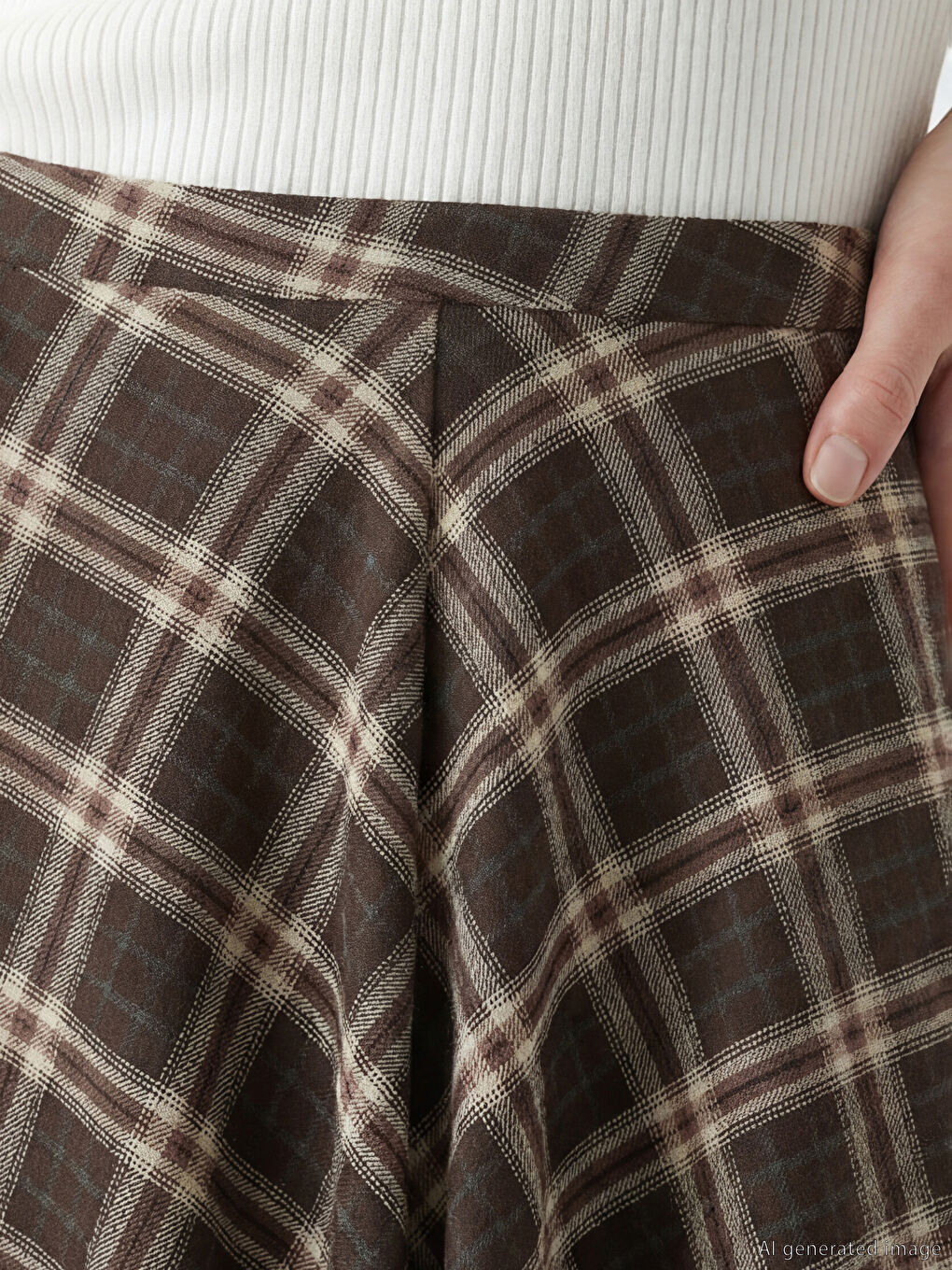 Kahverengi Beli Fermuarlı Ekose Kloş Etek-2