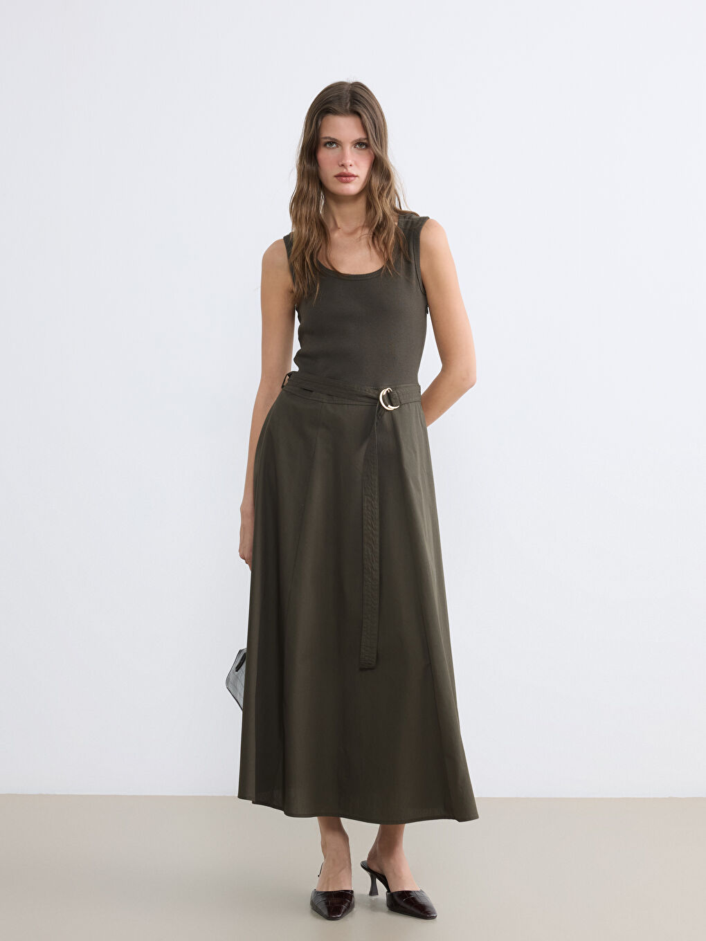 Haki Kemerli Belden Oturtmalı Elbise-1