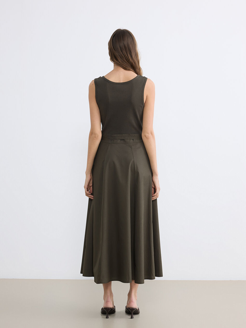 Haki Kemerli Belden Oturtmalı Elbise-3