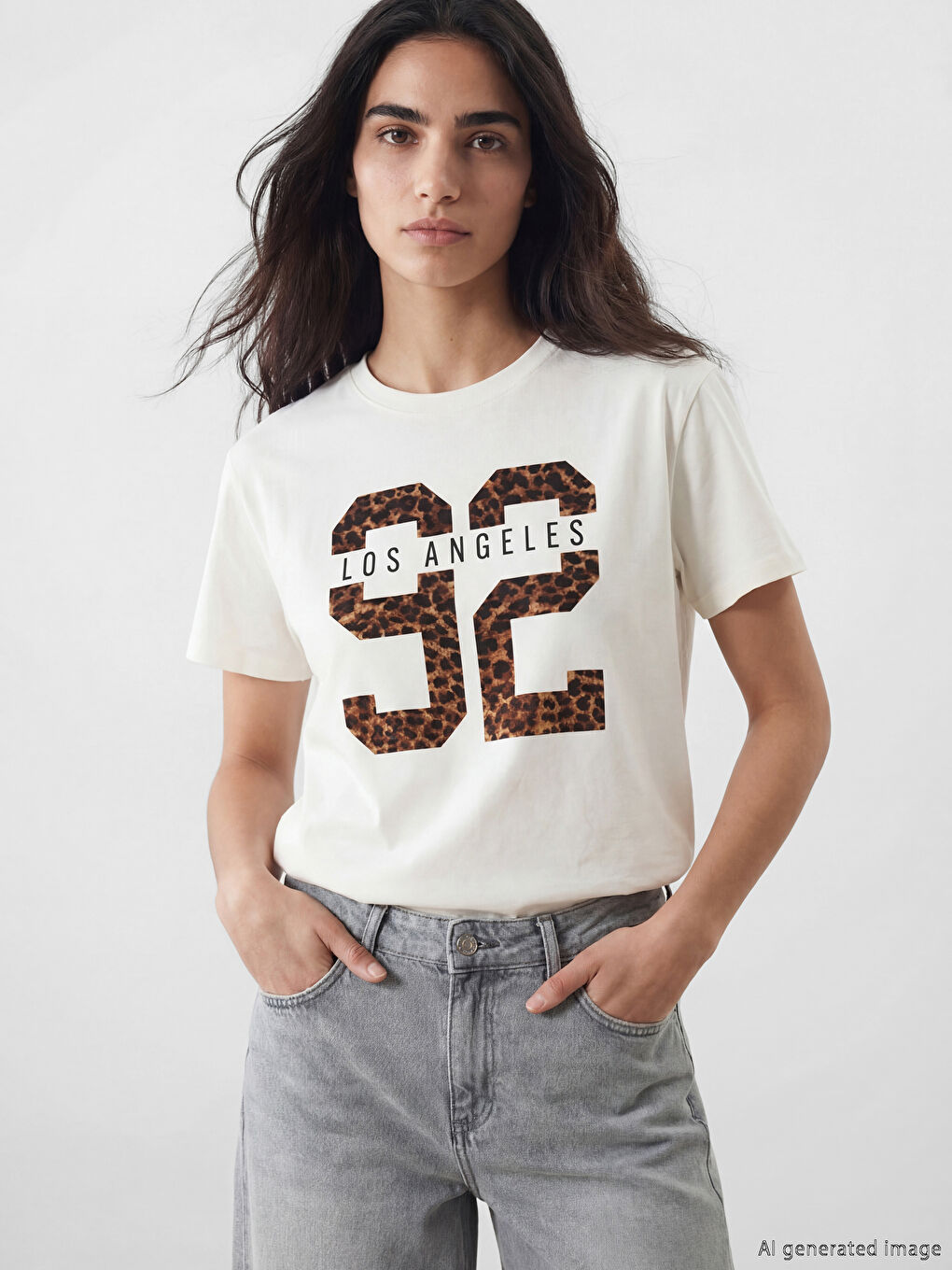 Ekru Bisiklet Yaka Los Angeles Baskılı Kadın Tişört